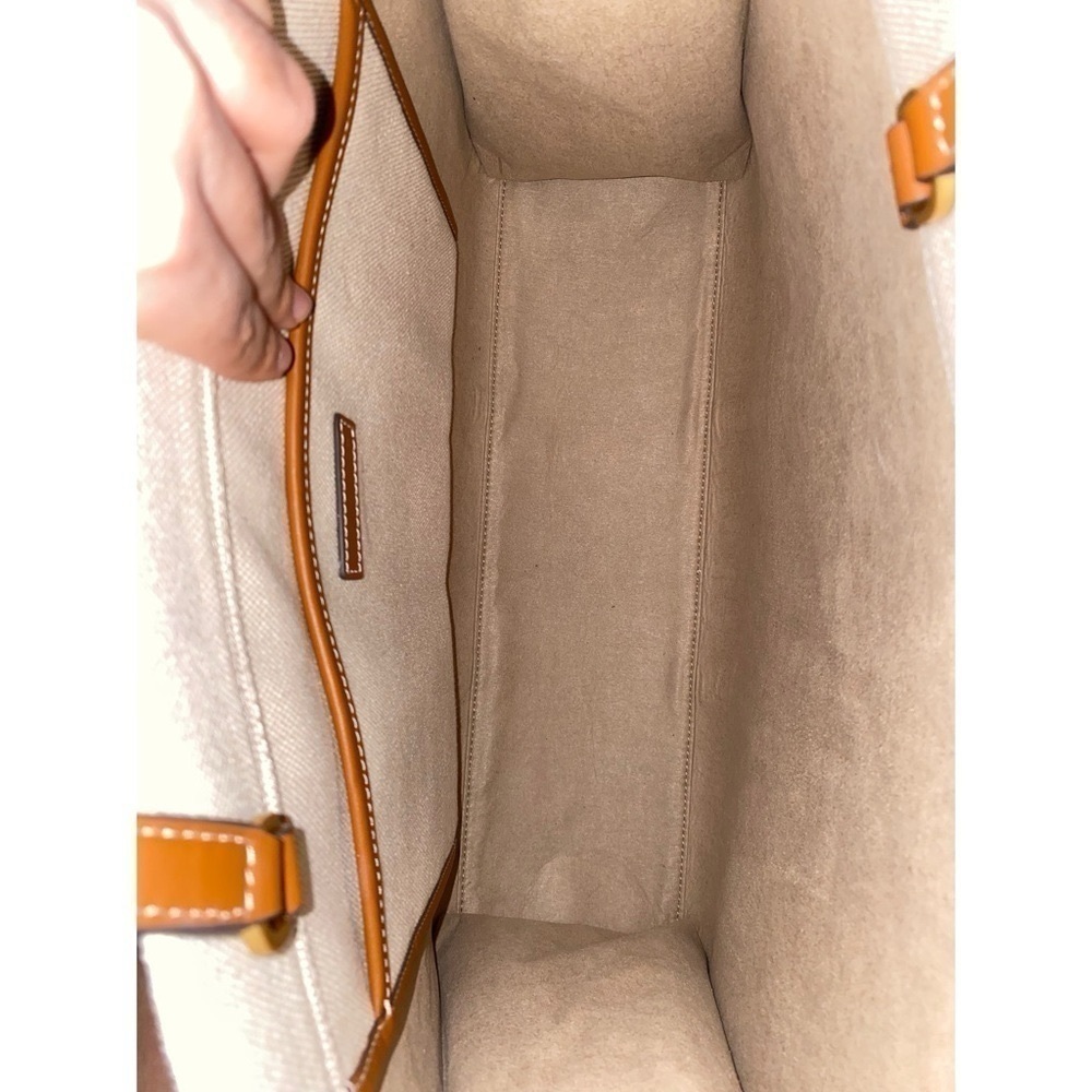 Tory Burch Blake Jumbo Tote Bag Canvas Leather Trim Neutral Cream Brown Cuoio - Picture 4 of 8